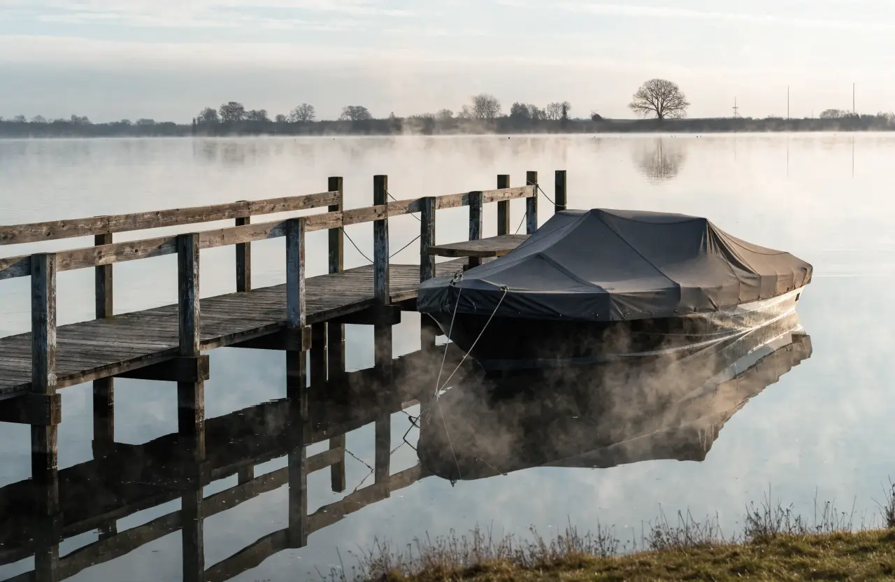 Motorboot aan een houten steiger, afgedekt met een strak passend afdekzeil