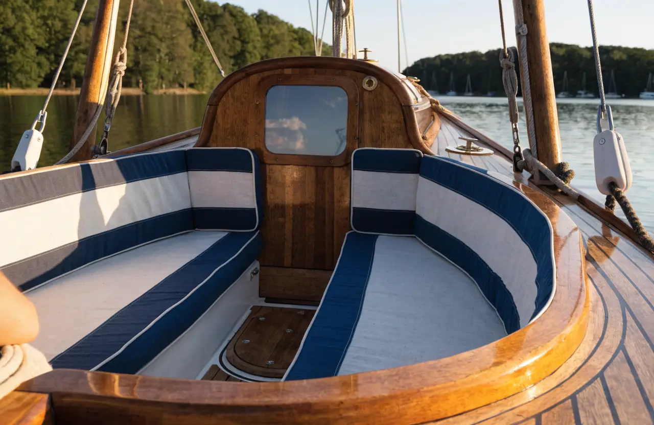 Kuip van een houten boot met op maat gemaakte blauw-witte bootkussens