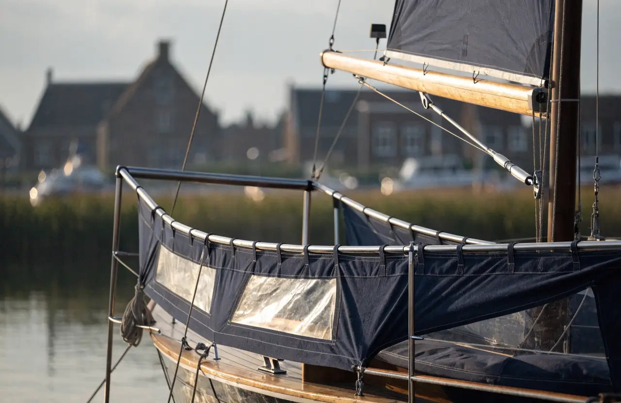 Sloep met een strak gespannen donkerblauwe buiskap met heldere ramen