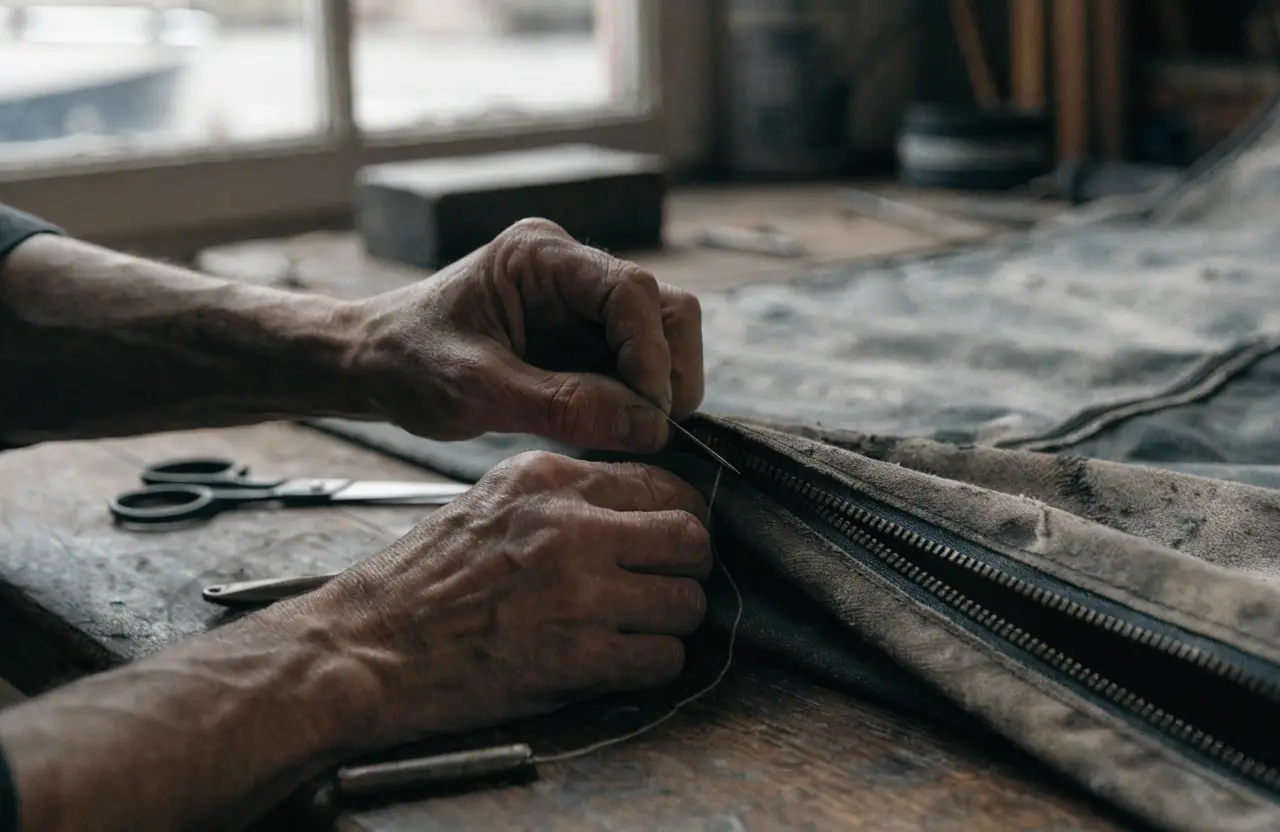 Handen van een zeilmaker die met naald en draad een rits in bootdoek herstelt aan een werkbank