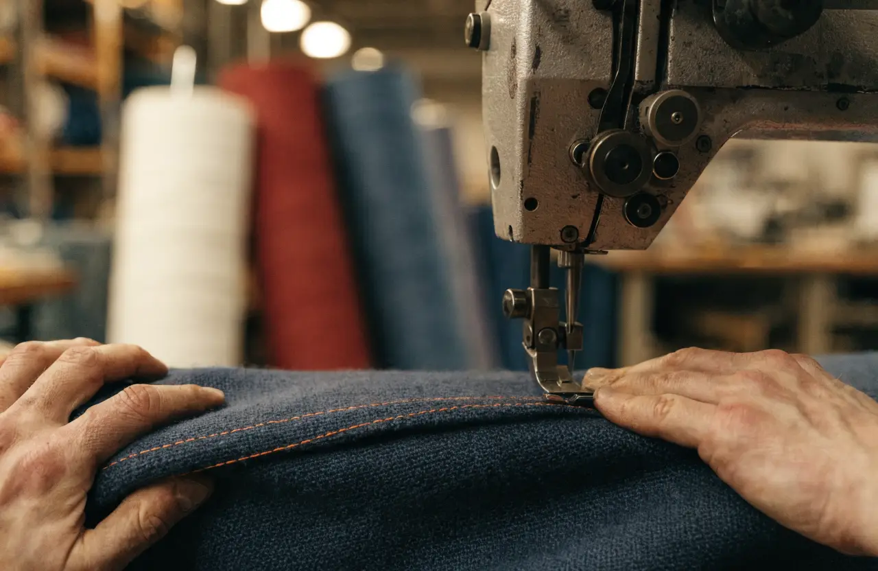 Handen geleiden donkerblauw bootdoek met oranje stiksel door een industriële naaimachine