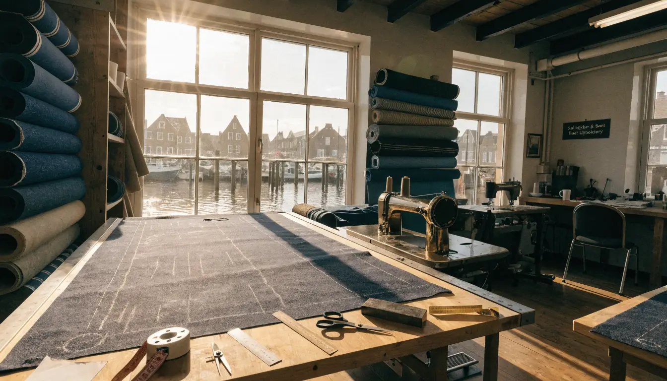 Sfeerbeeld van een zeilmakerswerkplaats aan het water: snijtafel met doek, stofrollen en naaimachines